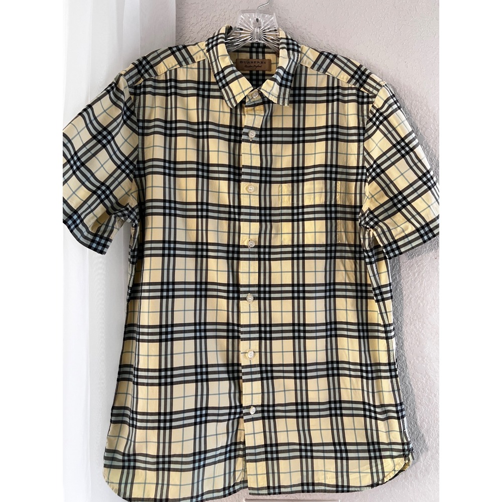 Burberry London England Mens Yellow Nova Check Short Sleeve Button Down Shirt L